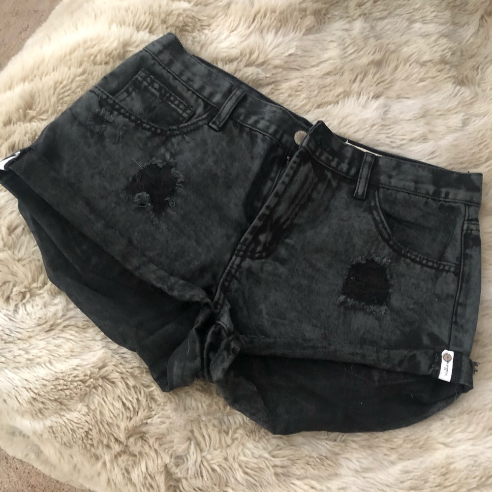 Black Cuffed High-Waisted/Distressed Denim Shorts